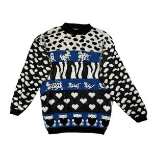 Vintage Abstract Design Sweater Pullover Blue Black 90s USA Knit Large Dog Heart